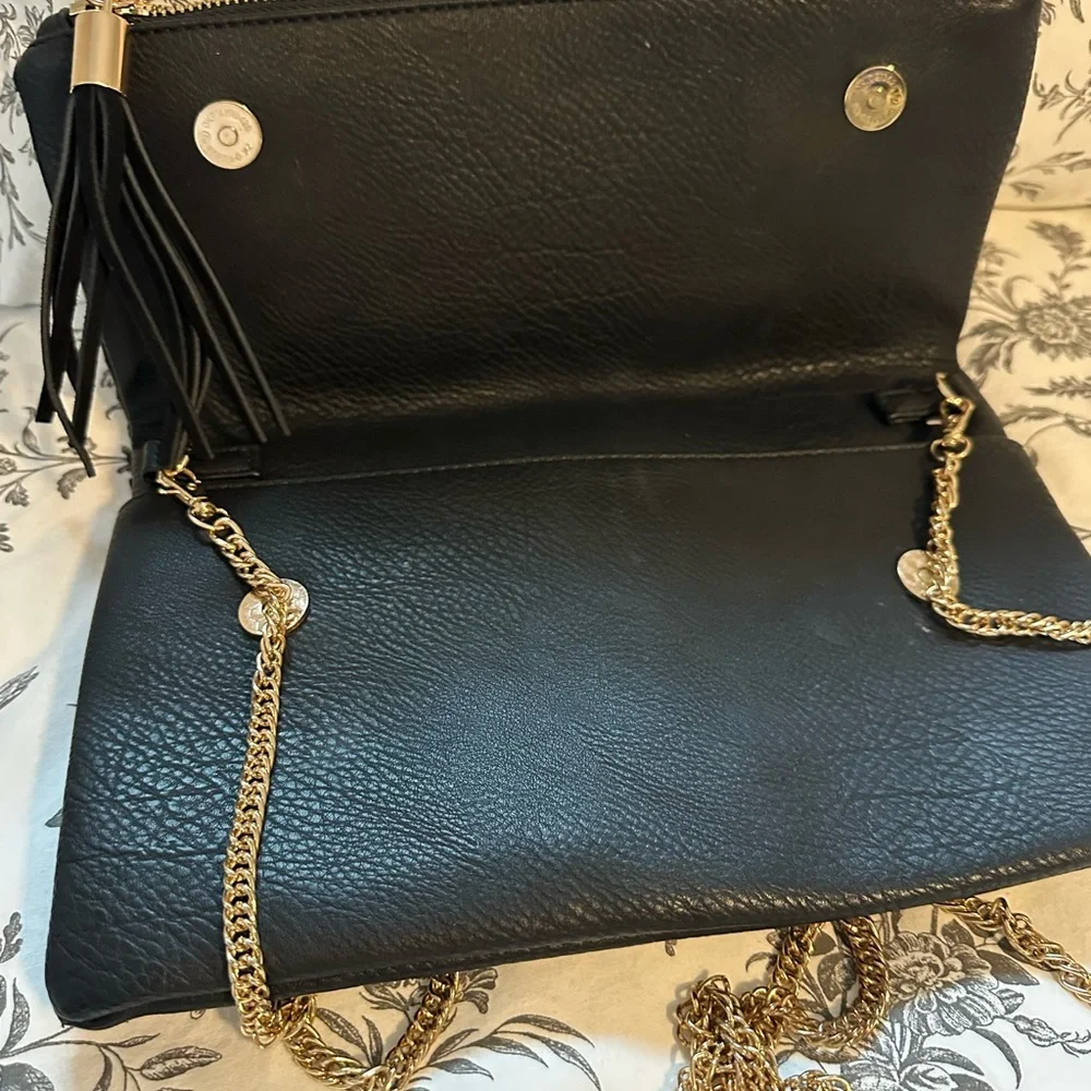Moda Luxe Black Leather Fold Over Crossbody Clutch Gold Chain purse boutique